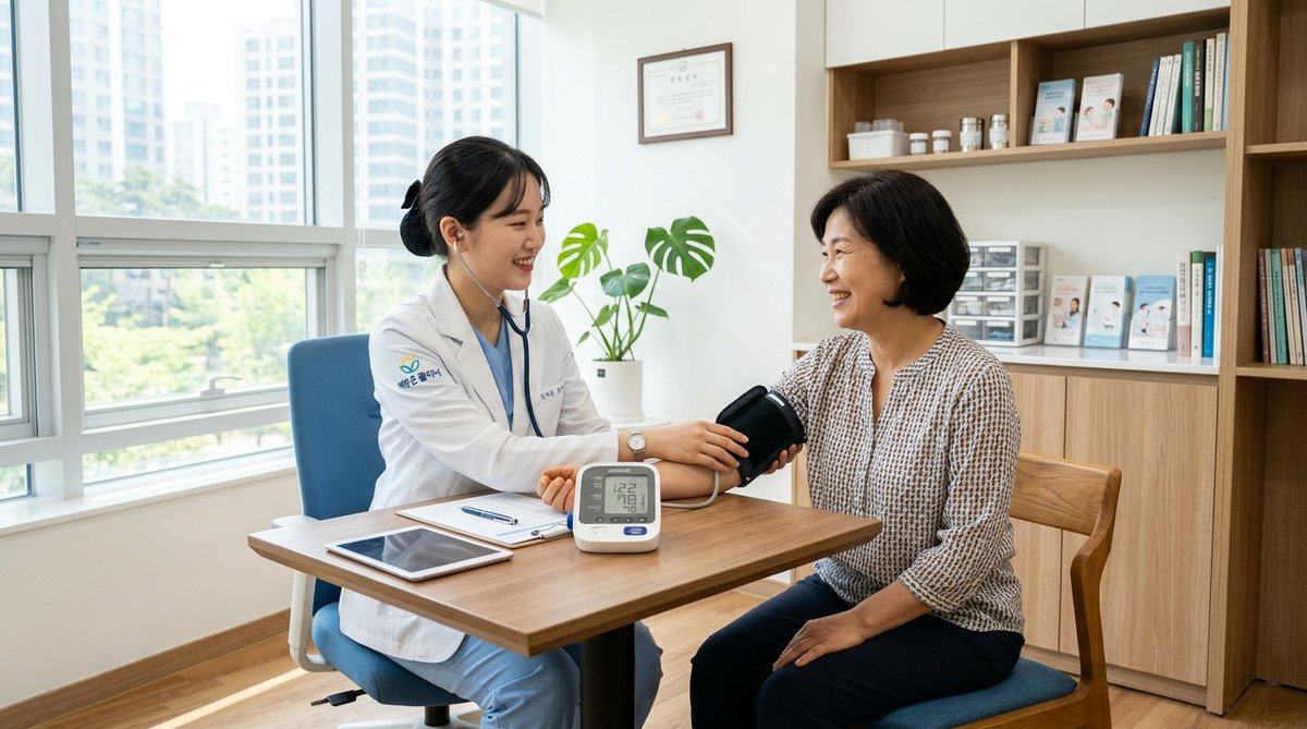 검진센터에서 혈압 및 기본 신체 계측을 받는 환자와 간호사