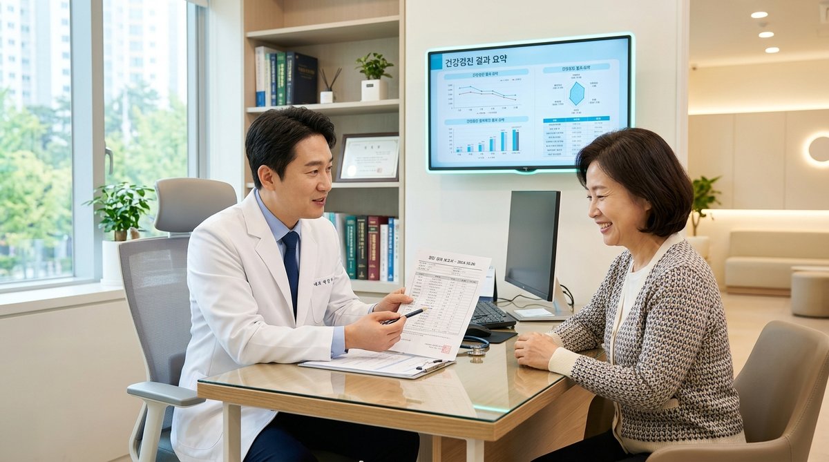 전문의가 검진 결과지를 환자에게 친절히 설명하는 모습