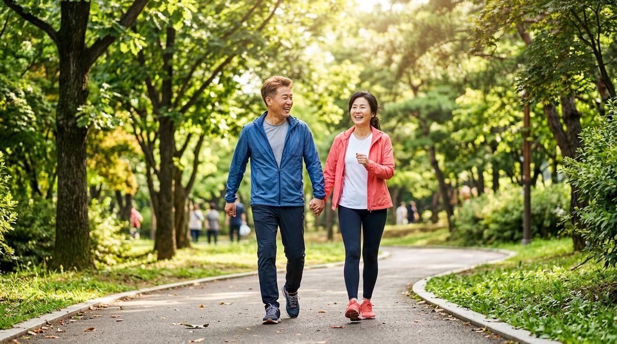 건강검진 후 활기차고 밝게 공원을 산책하는 중년 부부
