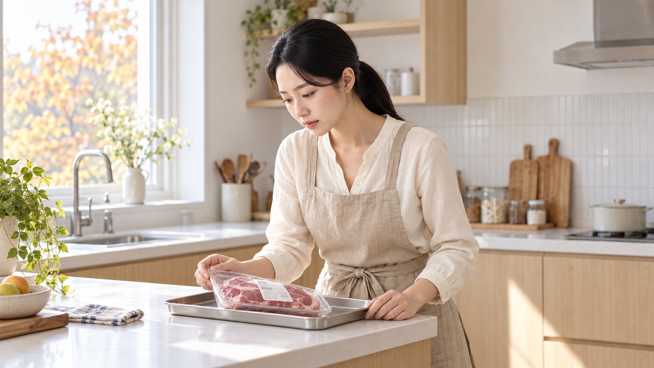고기 포장의 보관 표시를 살펴보는 모습