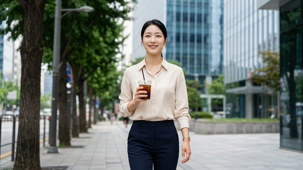 점심을 마친 뒤 커피를 들고 걷는 모습