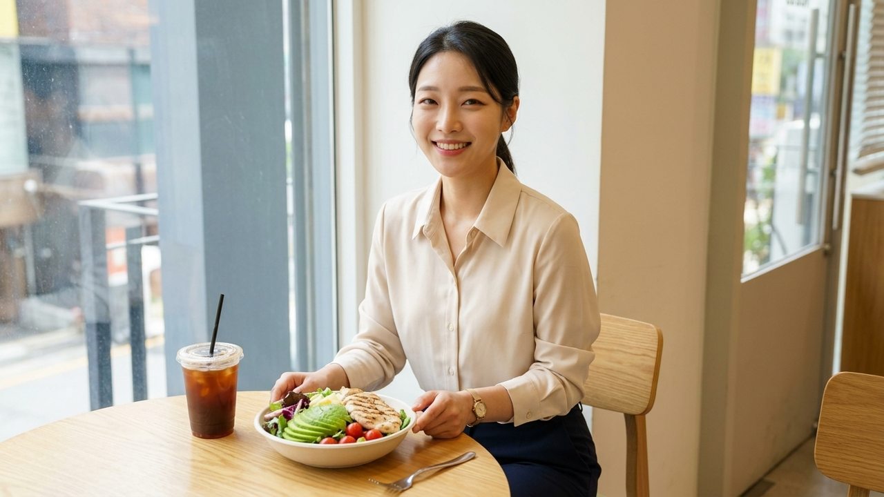 샐러드와 아이스 커피가 놓인 식사