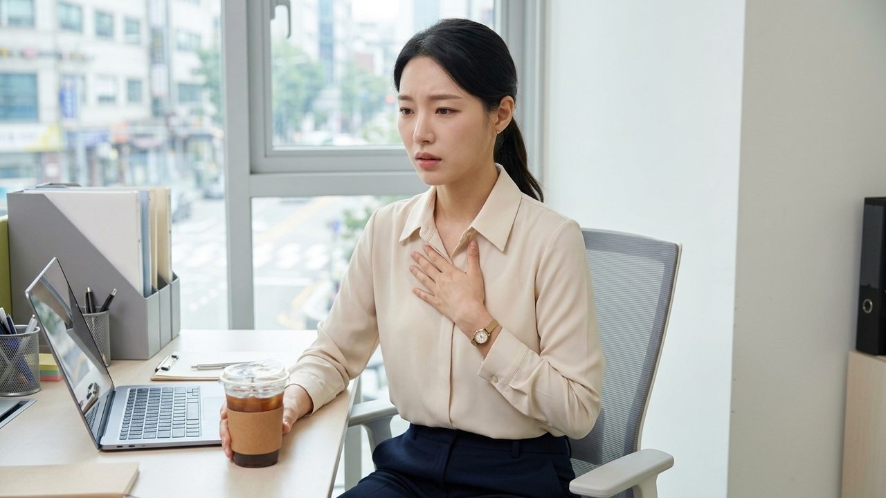 가슴과 명치 쪽 불편감을 살피는 모습