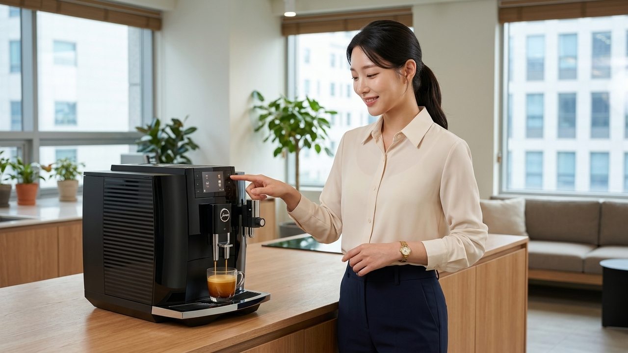 사무실 커피 머신에서 음료를 준비하는 모습