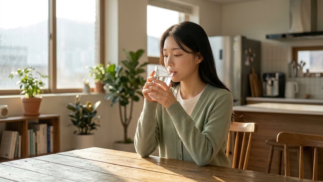 위내시경 검사 후 목 마취 풀림을 확인하며 조심스럽게 미온수를 마시는 모습