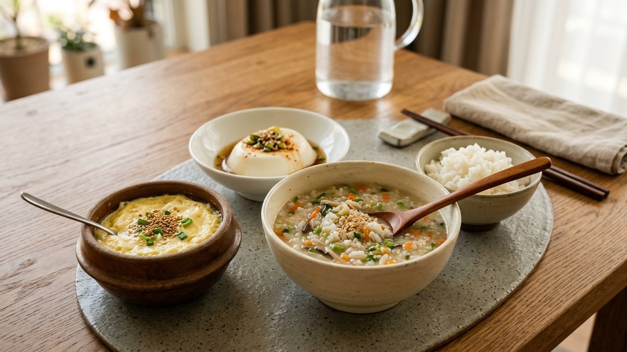 검사 후 위벽을 편안하게 달래주는 부드러운 흰죽과 계란찜 회복 식단