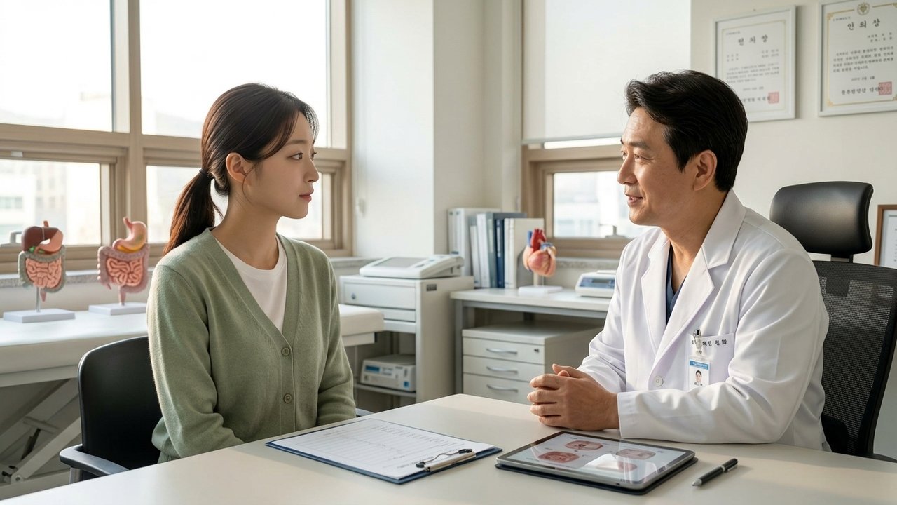 용종 절제 시술 후 지연성 출혈 주의사항과 식단을 환자에게 설명하는 전문의 상담