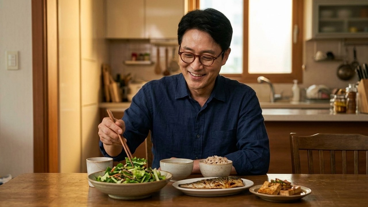 채소가 담긴 식사를 준비하는 모습