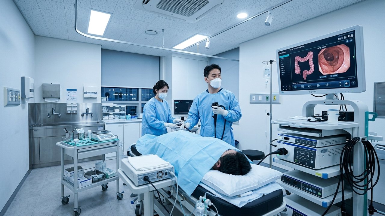 첨단 디지털 모니터와 검사 장비가 완비된 종합병원 내시경 검사실 모습