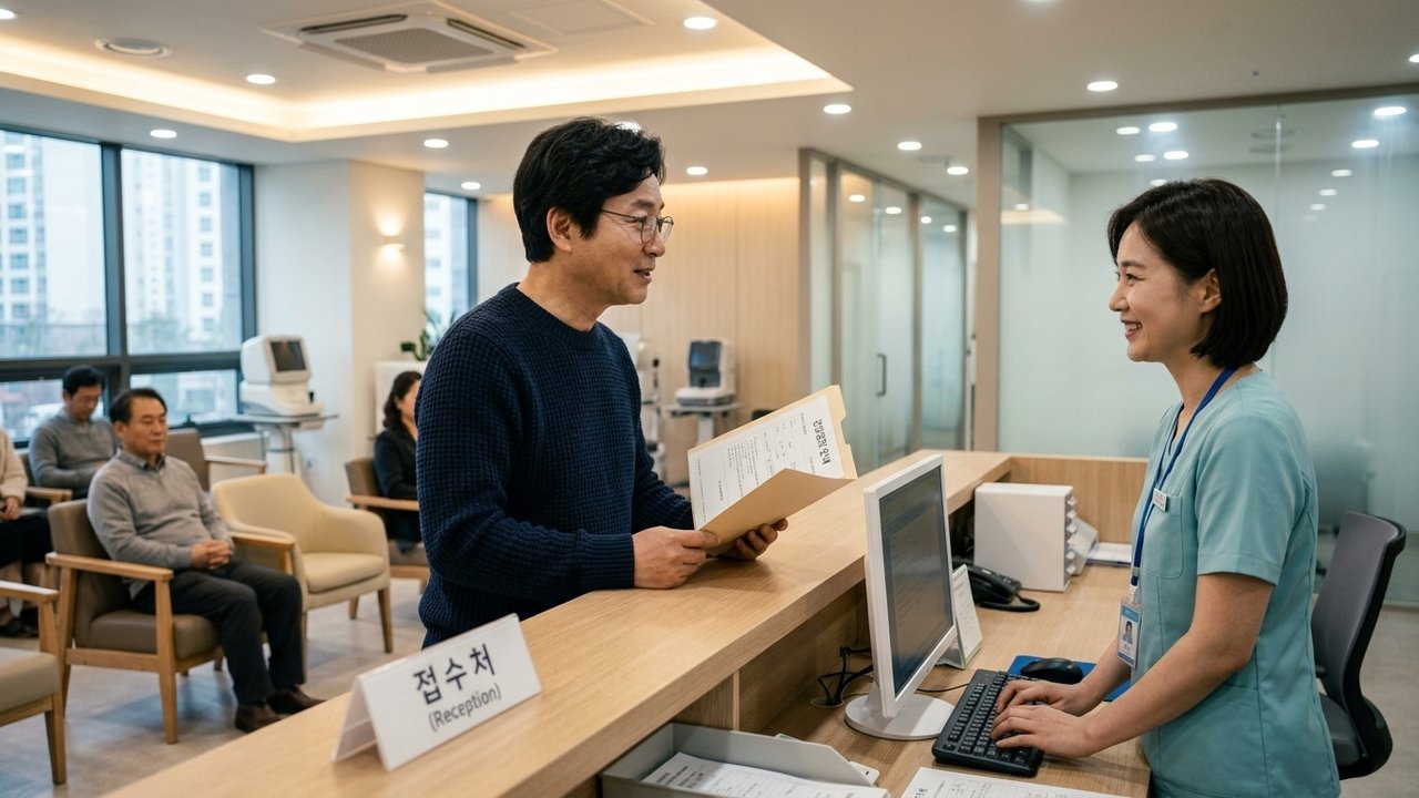 병원 접수 창구에서 간호사와 차분하게 검사 일정을 상담하는 모습