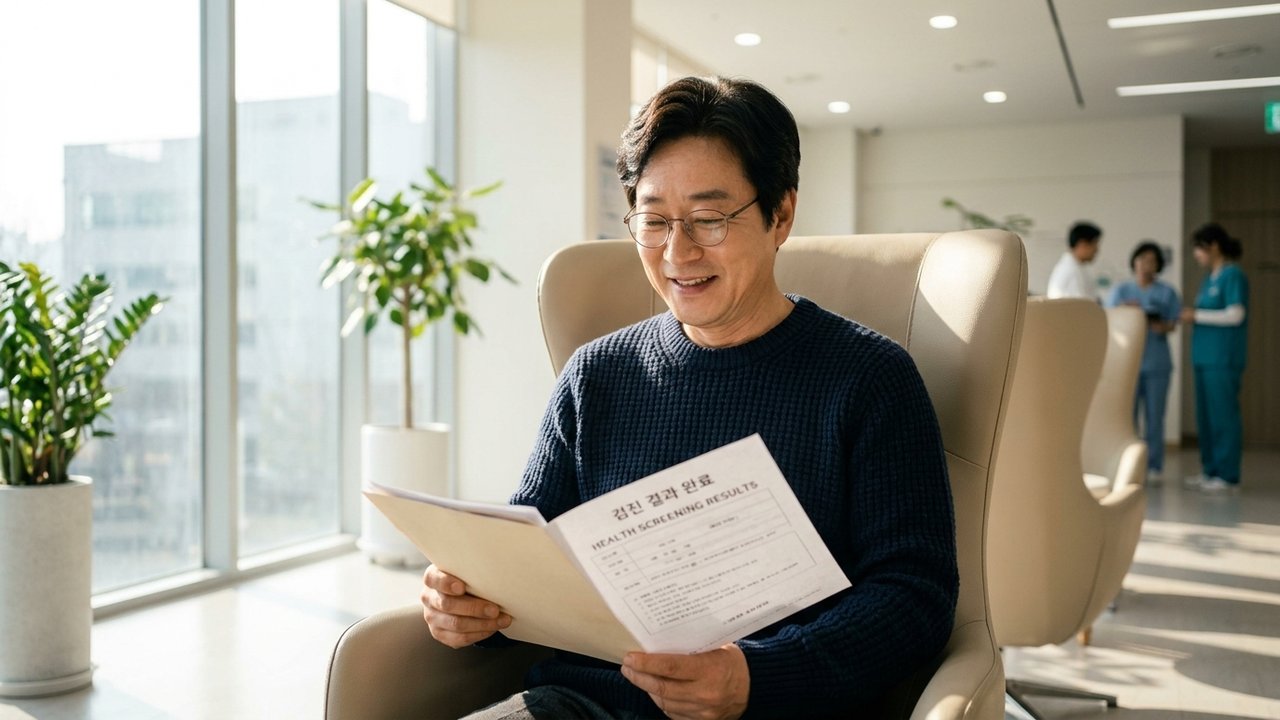 모든 검진을 안전하게 끝마치고 평온한 미소로 검진 결과를 확인하는 모습