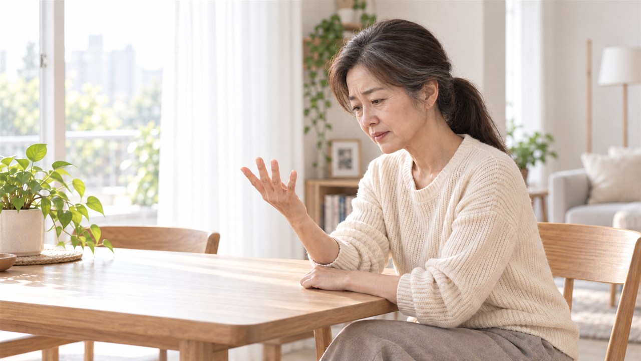 아침에 손가락의 움직임과 불편함을 살피는 모습