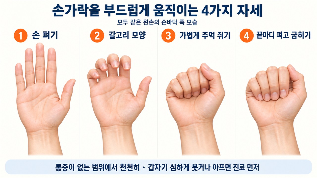 같은 왼손을 손바닥 쪽에서 본 손 펴기·갈고리·가벼운 주먹·끝마디를 편 주먹 자세