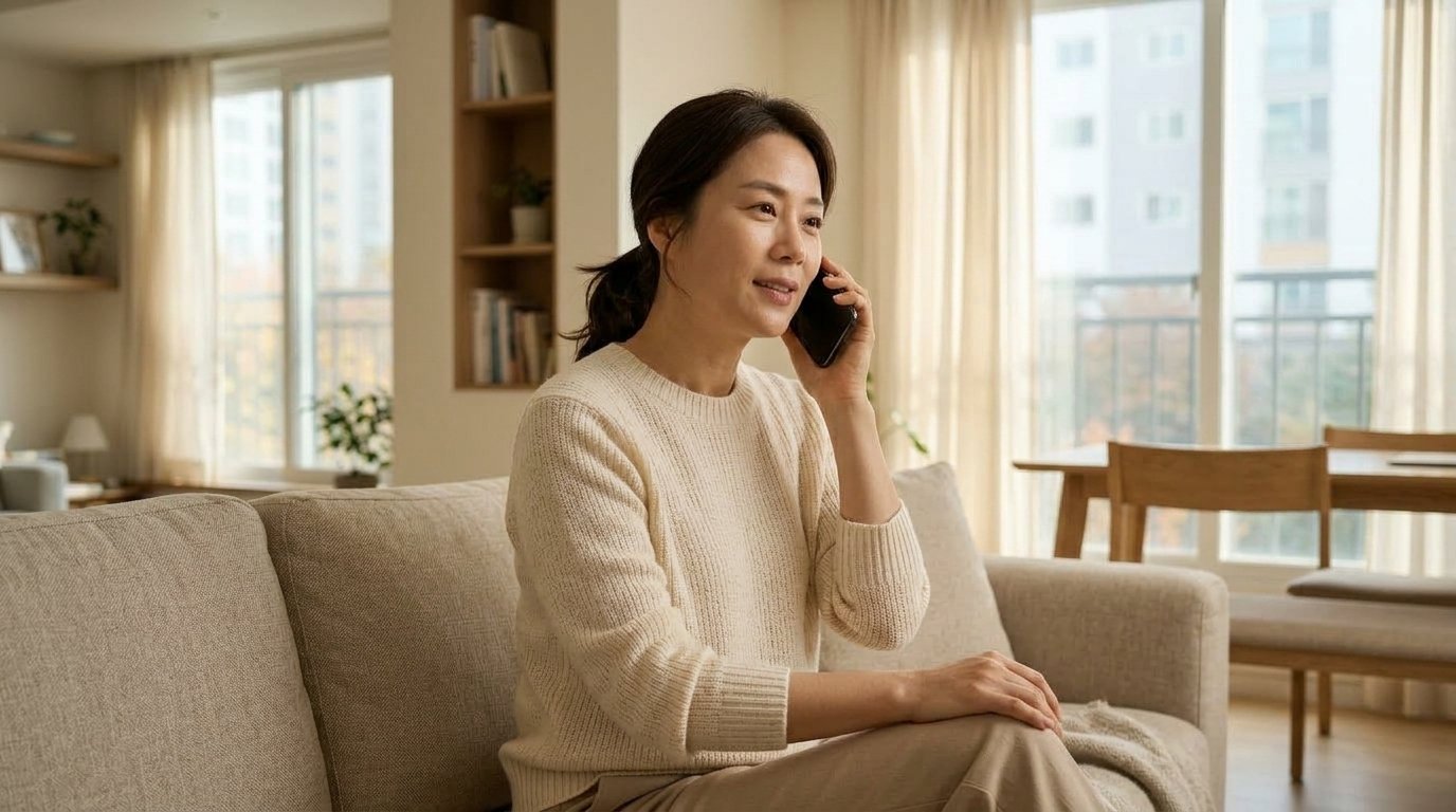 부모님께 오늘부터 시작된 어르신 무료 접종 일정을 다정하게 전화로 안내하는 모습