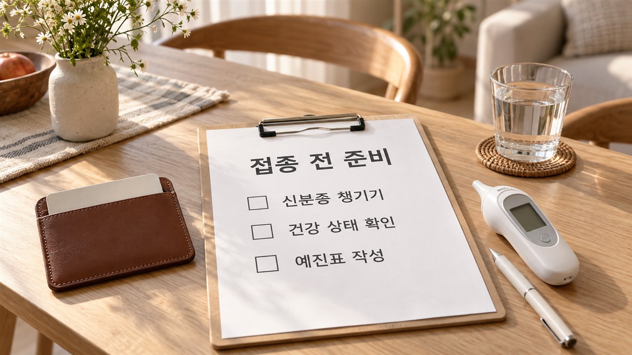 접종 당일 지참할 신분증과 사전 문진표 체크리스트, 체온계 정물