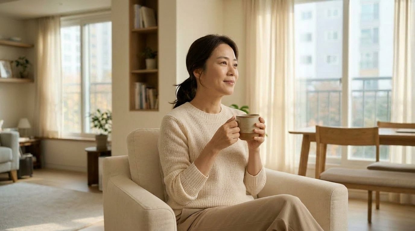 가족 접종 계획을 마치고 창가에서 따뜻한 차를 마시며 안도하는 모습