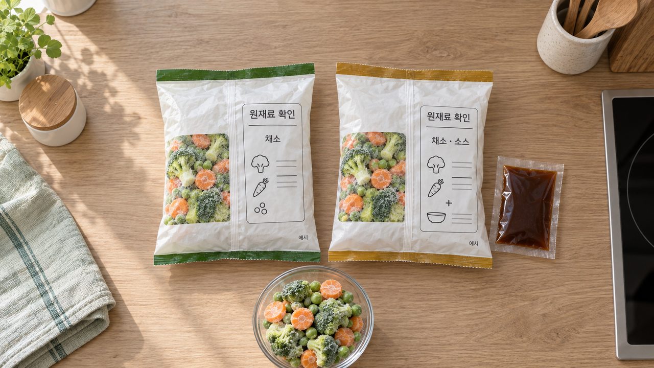 무가미 제품과 소스 동봉 제품의 원재료 표시를 비교하는 예시