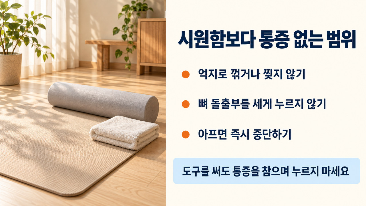 폼롤러 소도구와 무리한 관절 압박을 피하기 위한 3대 안전 수칙 인포그래픽