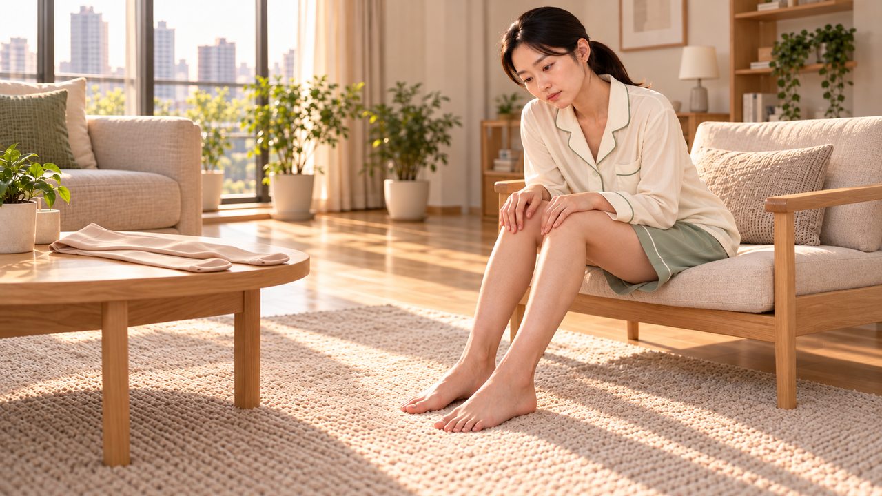 압박스타킹을 벗어 둔 채 양쪽 다리와 발목 상태를 살피는 여성