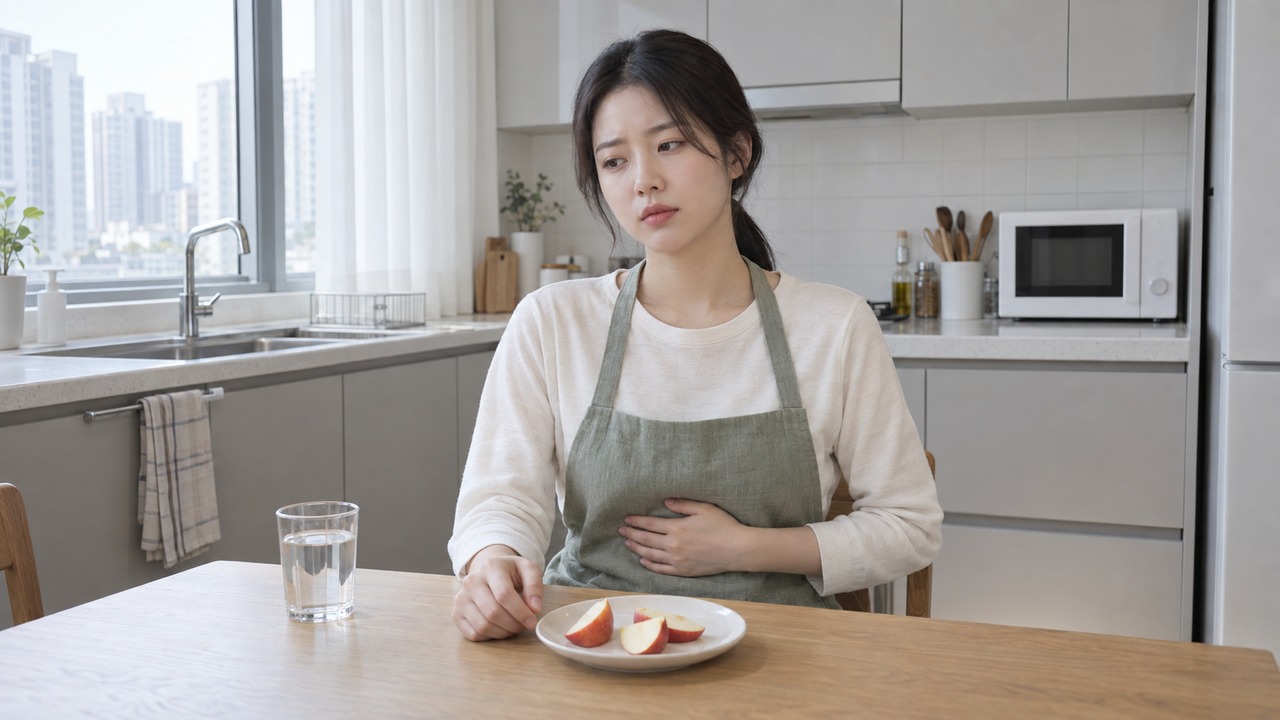 사과를 먹은 뒤 불편한 부위와 증상을 살피는 모습