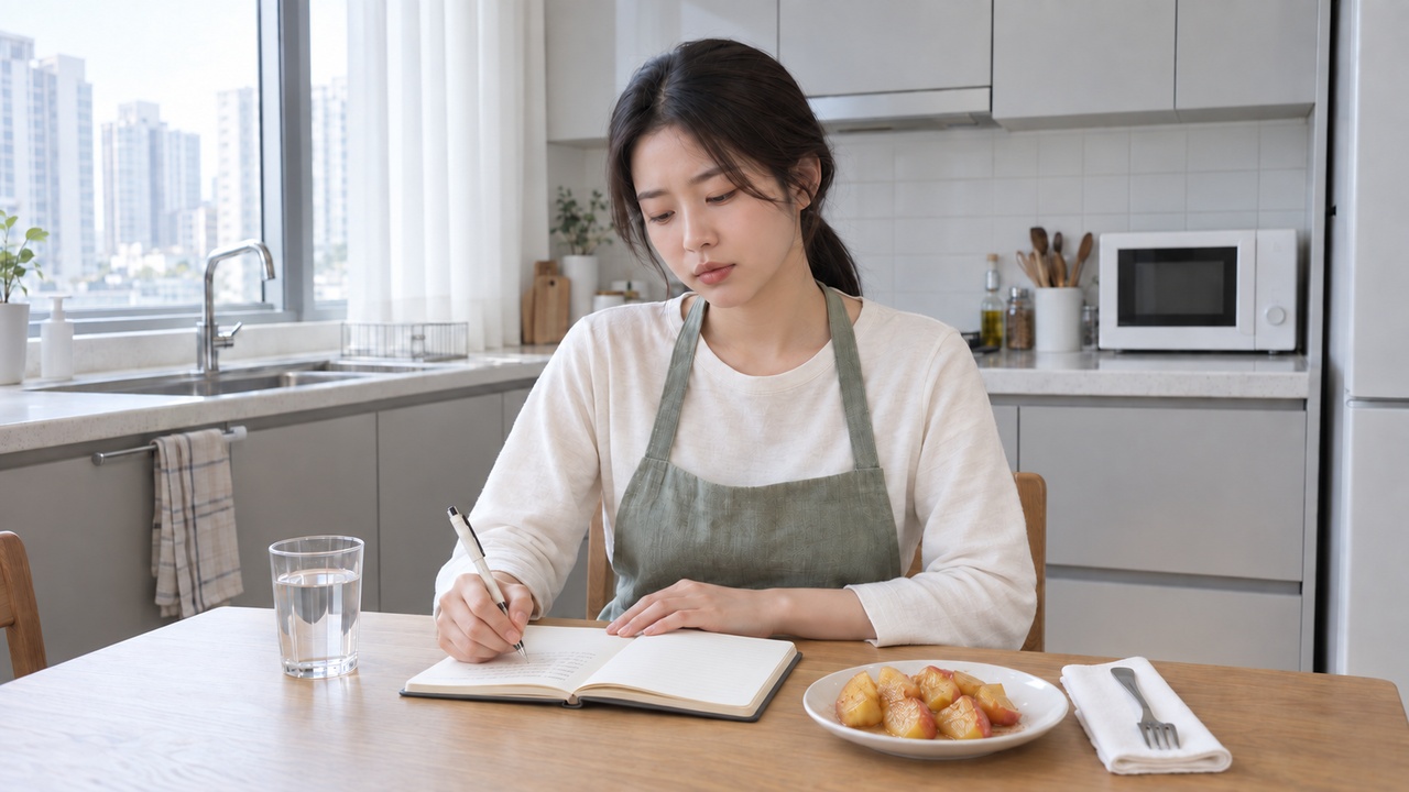 식사를 잠시 멈추고 불편했던 증상을 기록하는 모습