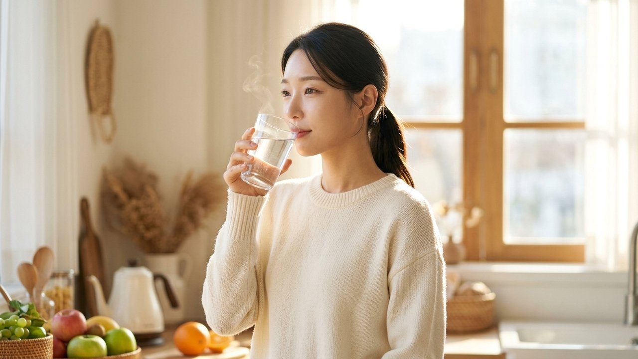 커피를 마시기 전 맑은 미온수로 위벽을 촉촉하게 적셔주는 모습