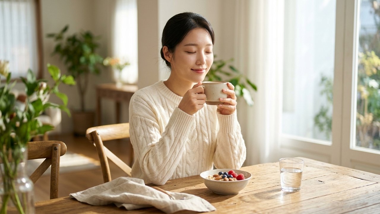 간단한 아침 식사와 함께 여유롭게 커피 향을 음미하는 모습