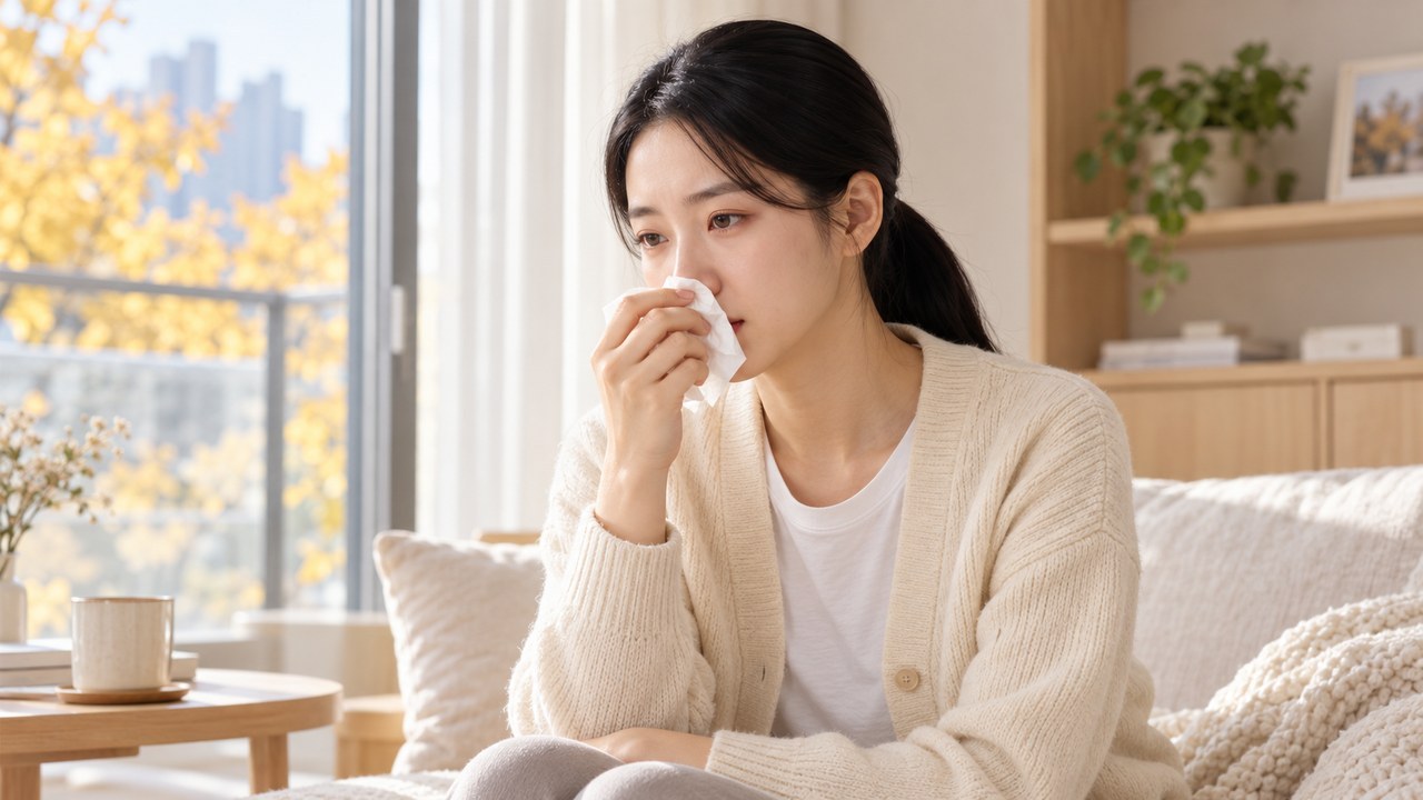 가을 창가에서 휴지를 코에 대고 코막힘으로 불편해하는 여성