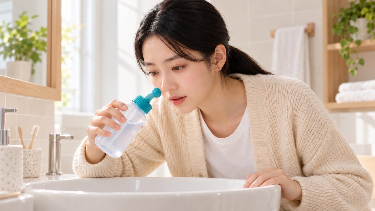 세면대 위에서 몸을 앞으로 숙이고 코세척기를 든 채 사용을 준비하는 여성