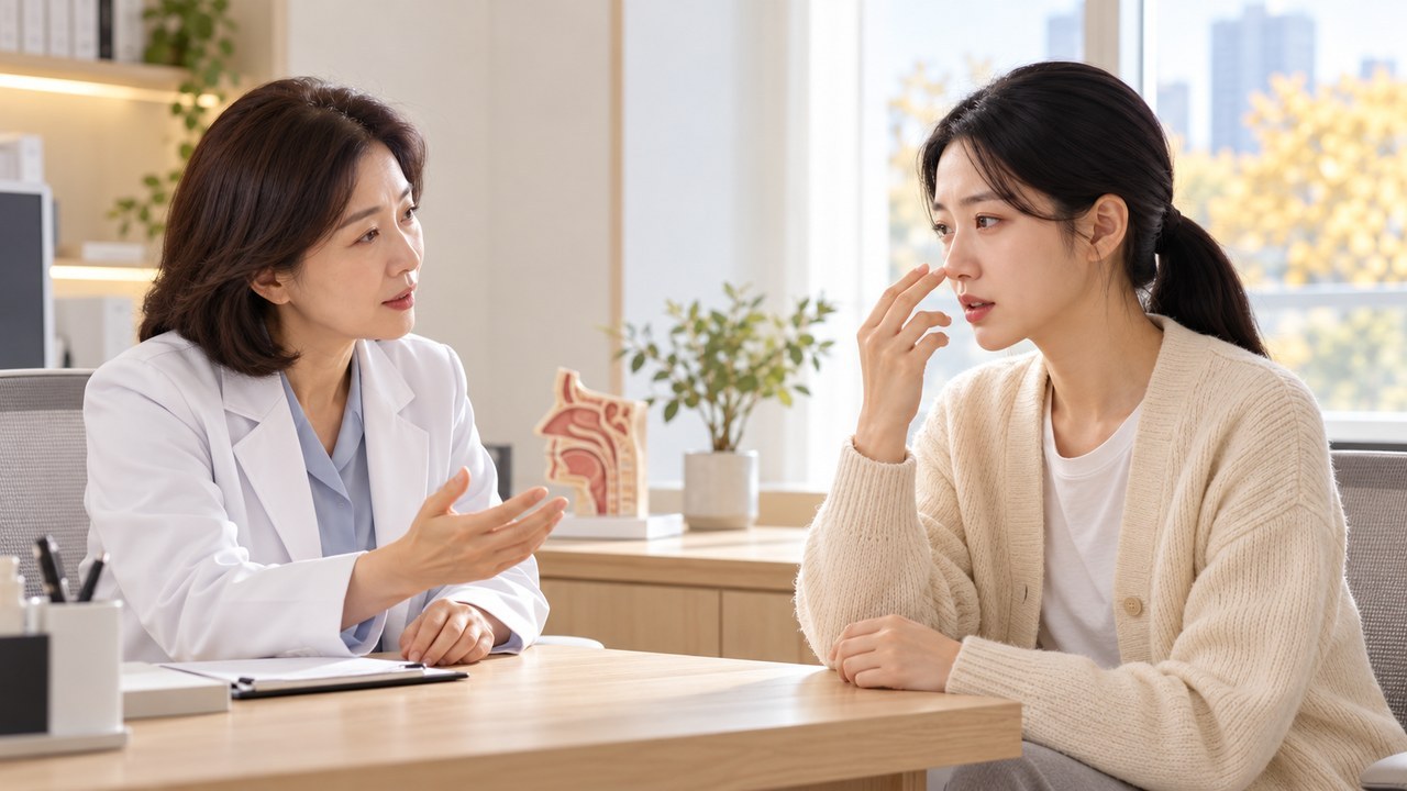 이비인후과에서 지속되는 코 증상을 상담하는 여성