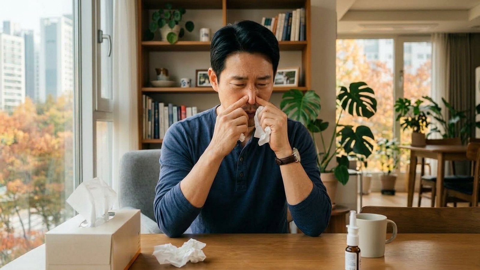 환절기 심한 코막힘으로 휴지를 쥐고 답답해하는 모습