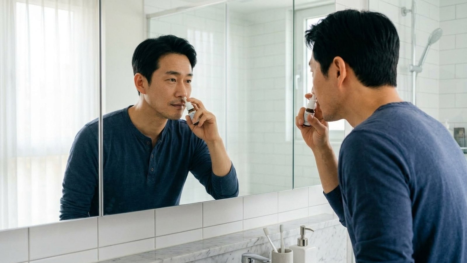 거울을 보며 코 바깥쪽 방향으로 올바르게 분사하는 모습