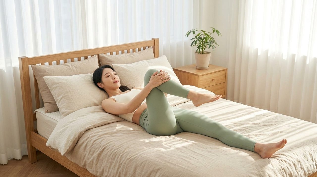 침대에 누워 한쪽 무릎을 양손으로 감싸 가슴 쪽으로 당기며 척추를 이완하는 모습
