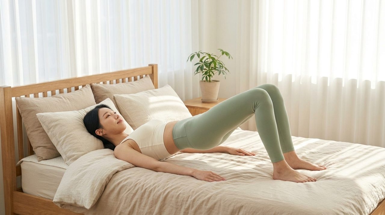 발바닥을 침대에 밀착하고 엉덩이를 들어 올려 골반 정렬과 둔근을 강화하는 글루트 브릿지