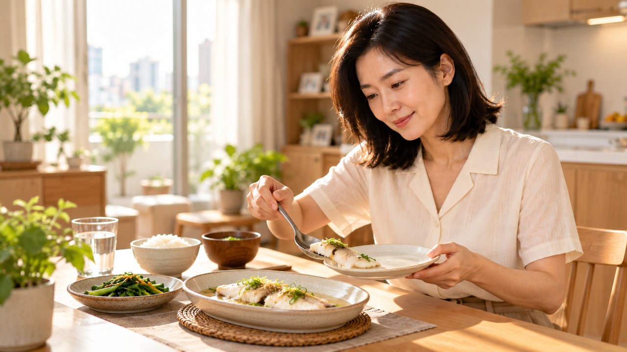 원목 식탁에서 흰살생선과 밥, 채소로 구성된 식사를 덜어 먹는 여성
