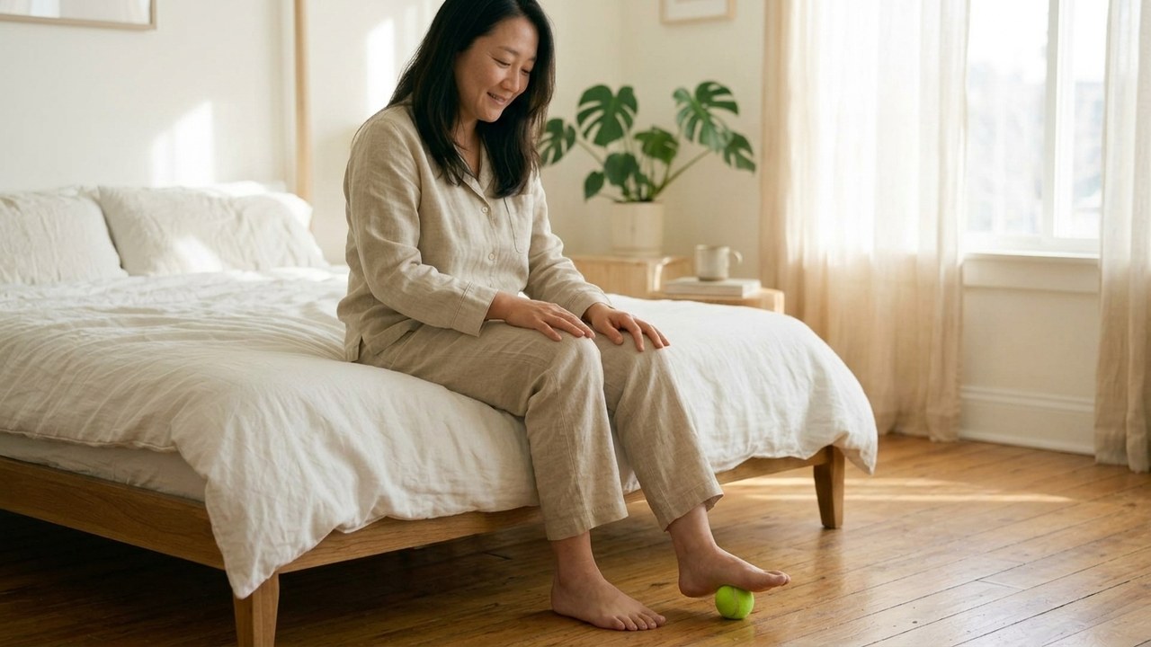 침대 모서리에 앉아 테니스공을 발바닥으로 굴리는 모습