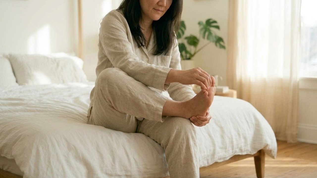 침대에 앉아 발가락을 젖혀 족저근막을 늘리는 모습