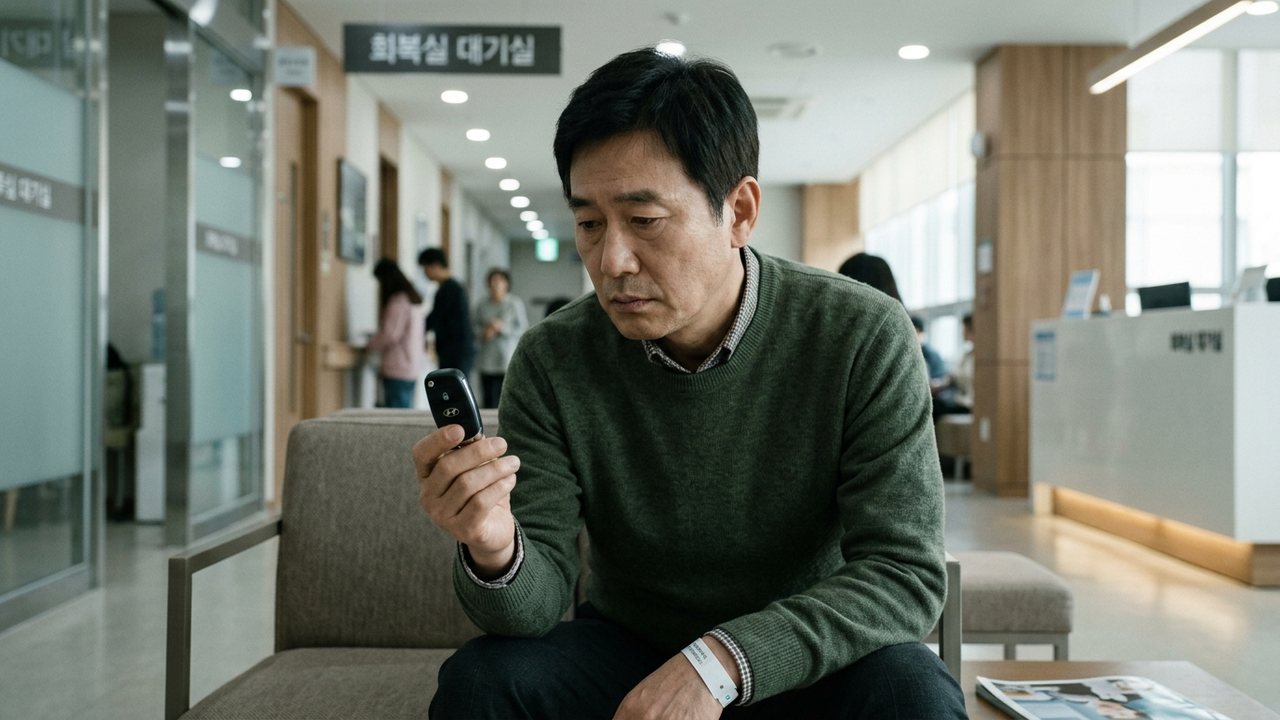 회복실 대기 의자에서 차 키를 손에 쥐고 운전대를 잡을지 고민하다가 포기하는 중년 남성의 모습