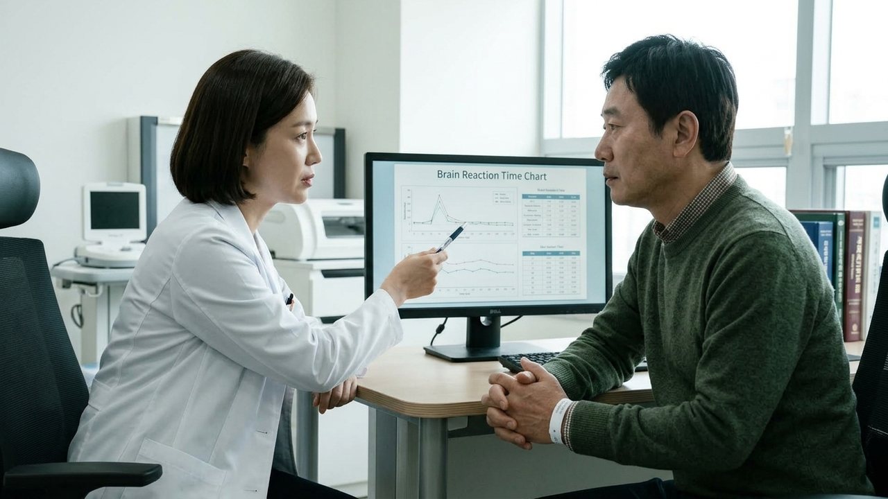 진료실에서 다크 그린 니트를 입은 남성이 전문의로부터 뇌 반응도 분석 차트와 24시간 운전 금지 지침을 경청하는 모습
