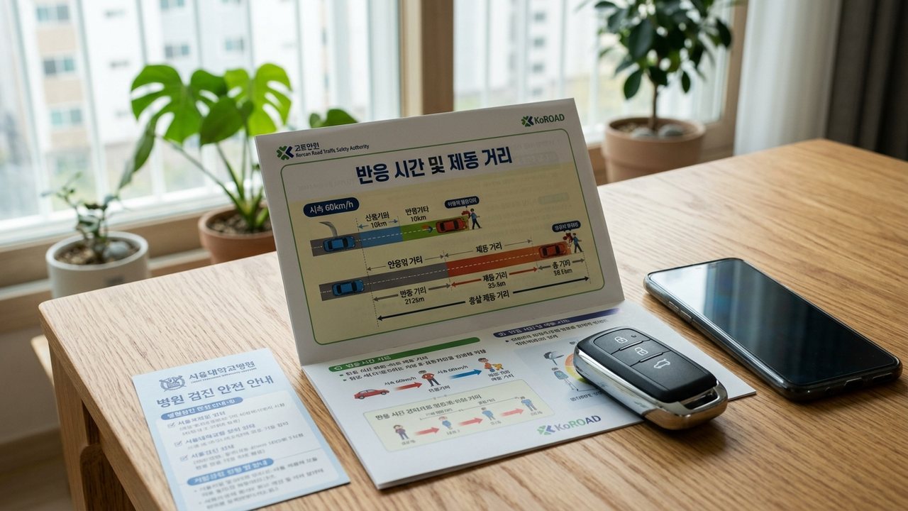 원목 테이블 위에 놓인 도로교통 안전 지침서의 제동거리 차트와 차량 스마트 키 정물