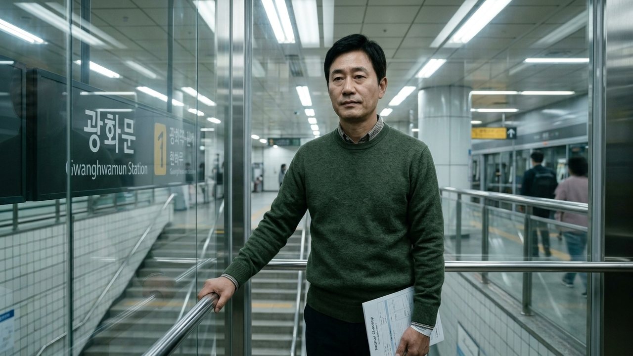 검진 후 지하철역에서 계단 대신 엘리베이터를 이용하며 안전 손잡이를 잡고 이동하는 중년 남성의 모습