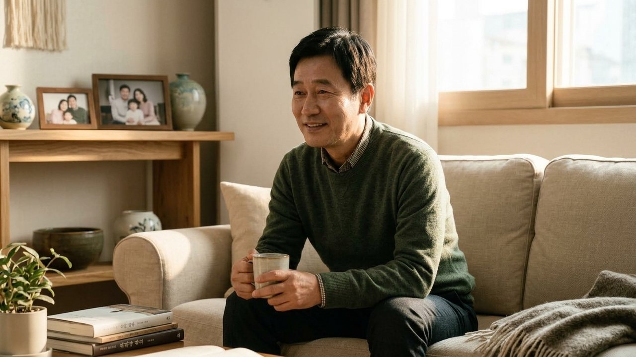 무사히 집에 도착하여 따뜻한 거실 소파에서 편안하게 차 한 잔을 마시며 휴식을 취하는 중년 남성의 모습