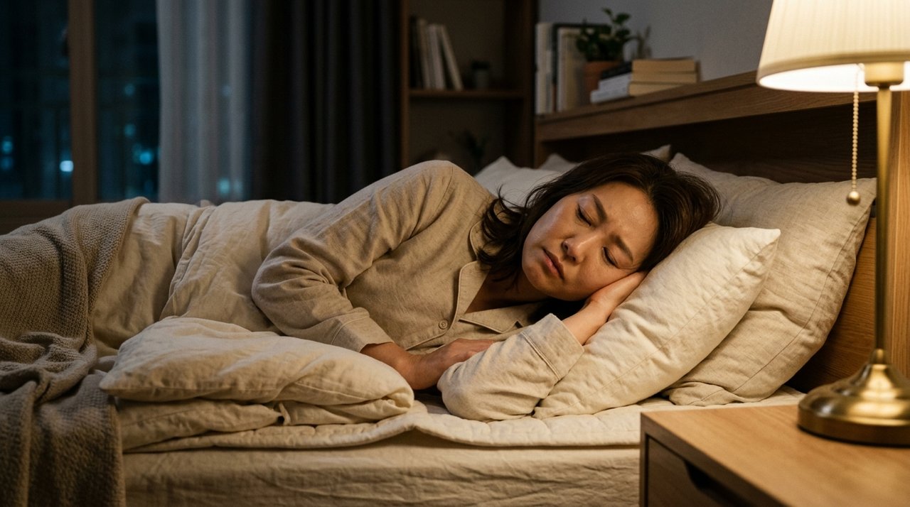 잠이 오지 않아 침대에서 쉬는 모습